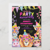 黒と野生カラフルのワンサファリ動物の誕生日 招待状 (正面)