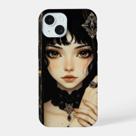黒と金のゴシック系アニメ少女 iPhone 15ケース