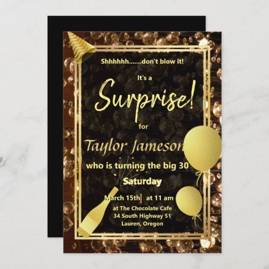 黒と金のサプライズバルーン QRで出欠確認 招待状 (正面/裏面)