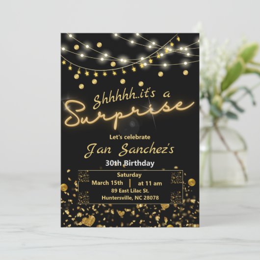 黒と金のサプライズ招待状(QRコード付き) 招待状 (スタンド正面)