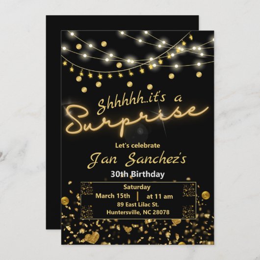 黒と金のサプライズ招待状(QRコード付き) 招待状 (正面/裏面)