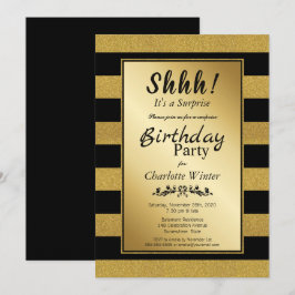 黒と金のストライプのサプライズ誕生日パーティー 招待状