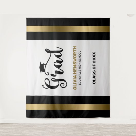 黒と金のストライプの卒業生 タペストリー (正面)