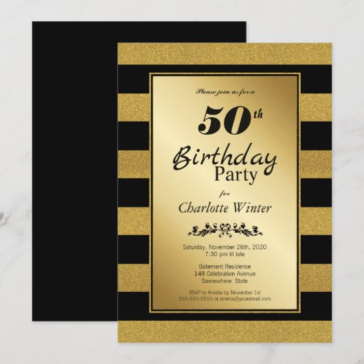黒と金のストライプの50歳の誕生日パーティー 招待状 (正面/裏面)