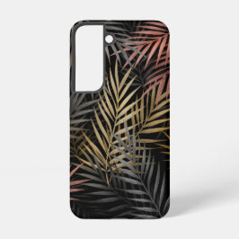 黒と金のトロピカルフラワーと葉のパターン SAMSUNG GALAXY S22ケース