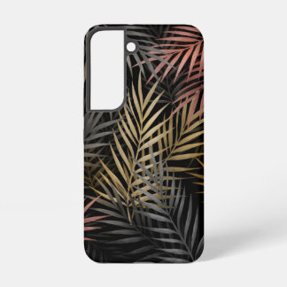 黒と金のトロピカルフラワーと葉のパターン SAMSUNG GALAXY S22ケース