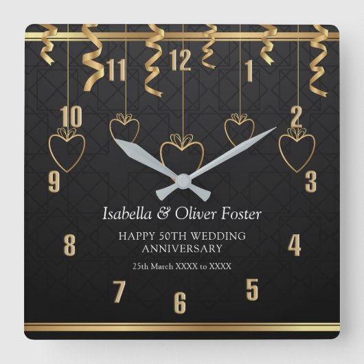 黒と金のハッピー50周年記念結婚記念日 スクエア壁時計 (正面)