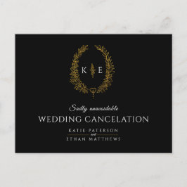 黒と金のモノグラムの結婚式のキャンセルリング(または、黒と金のモノグラムの結婚式中止の花環) 案内ポストカード