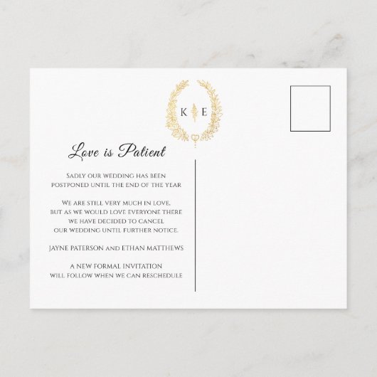 黒と金のモノグラムの結婚式のキャンセルリング（または、黒と金のモノグラムの結婚式中止の wreath 案内ポストカード (裏面)