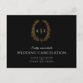 黒と金のモノグラムの結婚式のキャンセルリング（または、黒と金のモノグラムの結婚式中止の wreath 案内ポストカード (正面)