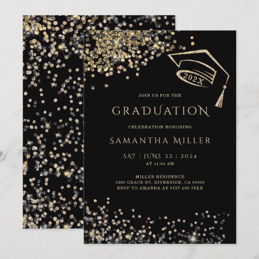 黒と金の卒業式テンプレート 招待状 (正面/裏面)