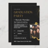 黒と金の卒業式、写真付き卒業式 招待状 (正面/裏面)