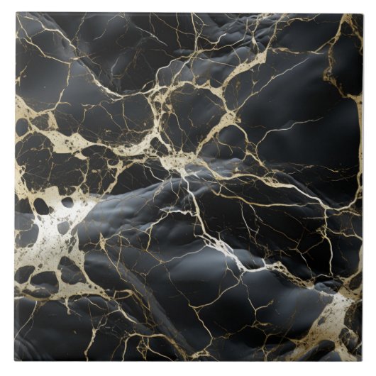 黒と金の大理石効果に象牙の脈理 タイル (正面)