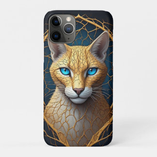 黒と金の幾何学的なフレームの金色の猫の肖像画 iPhone 11 PROケース
