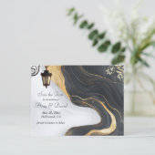 黒と金の結婚式のお知らせ - 日程を保存しておいてください 案内ポストカード (スタンド正面)