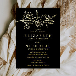 黒と金の花のスケッチの結婚式 箔招待状