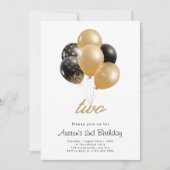 黒と金の風船付き2歳の誕生日 招待状 (正面)