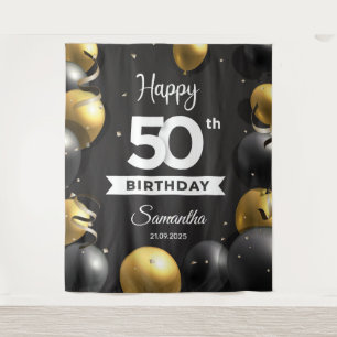 黒と金の風船 50歳の誕生日背景 タペストリー