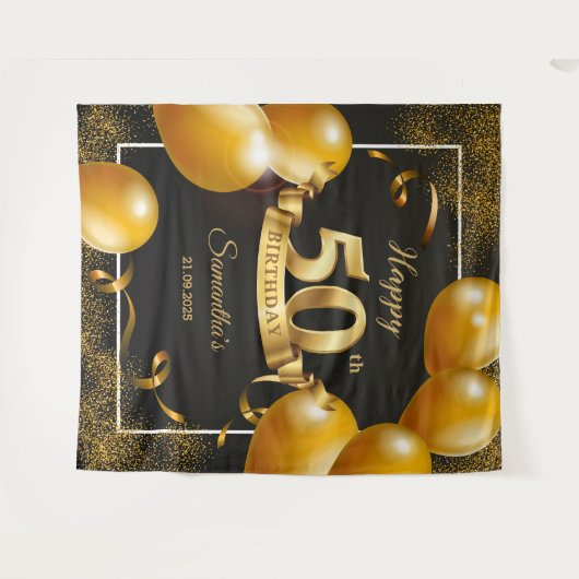 黒と金の風船 50歳の誕生日 背景 タペストリー (正面(横))
