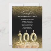 黒と金の100歳誕生日招待状 彼のために 招待状 (正面)