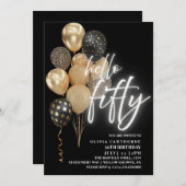 黒と金の50歳の誕生日風船50個 招待状 (正面/裏面)