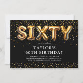 黒と金の60歳の誕生日バルーン 招待状 (正面)