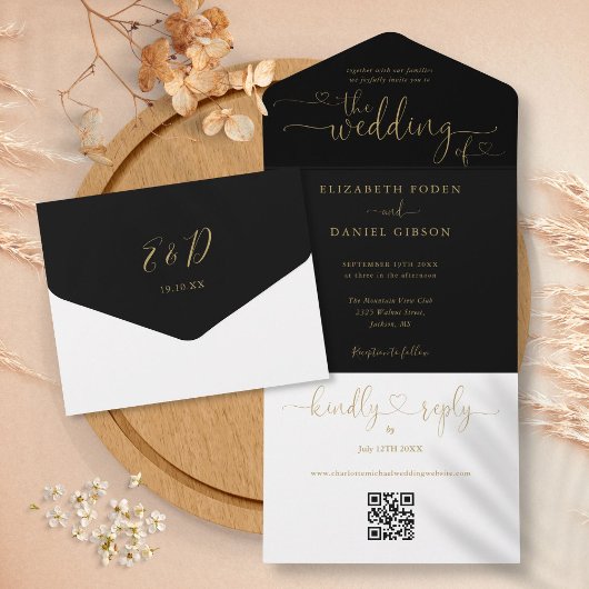 黒と金のQRコードウエディングスクリプトハートの結婚式 オールインワン招待状