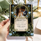 黒と金のSave the Date 青い花のインビテーション 招待状