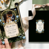 黒と金のSave the Date 青い花のインビテーション 招待状