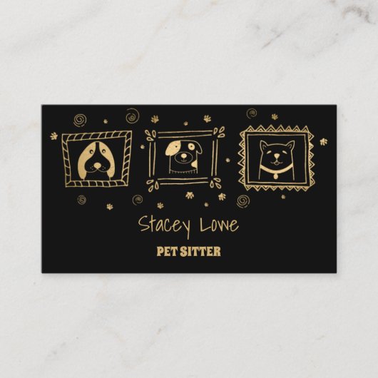 黒と金ゴールドかわいい犬ペットシッター | ドッグウォーカー 名刺 (正面)