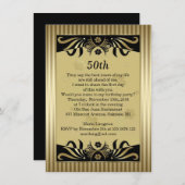 黒と金ゴールドが渦巻き、花が50歳の誕生日パーティー 招待状 (正面/裏面)