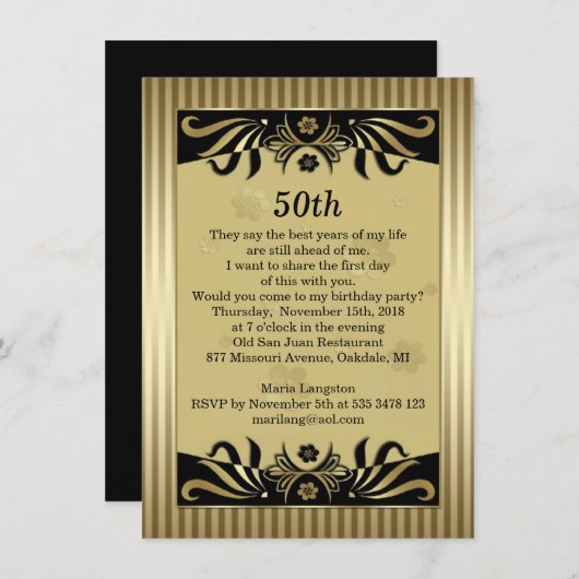 黒と金ゴールドが渦巻き、花が50歳の誕生日パーティー 招待状 (正面/裏面)