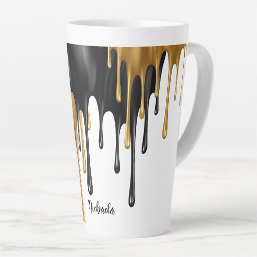 黒と金ゴールドが滴絵を描るパーソナライズされた カフェラテマグ (右アングル)