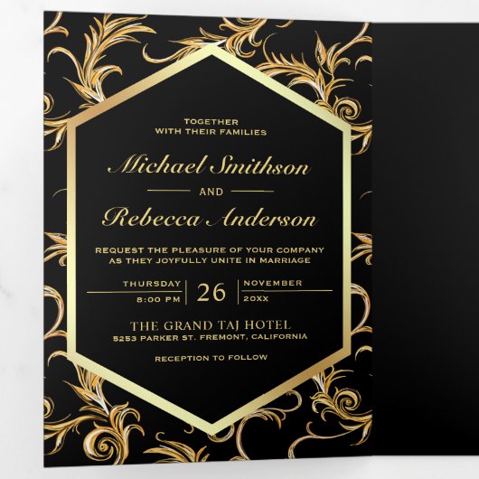 黒と金ゴールドが輝く渦結婚の写真 三つ折り招待状 (内部最初)