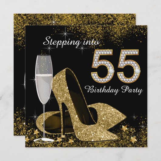 黒と金ゴールドが55歳の誕生日パーティーに 招待状 (正面/裏面)
