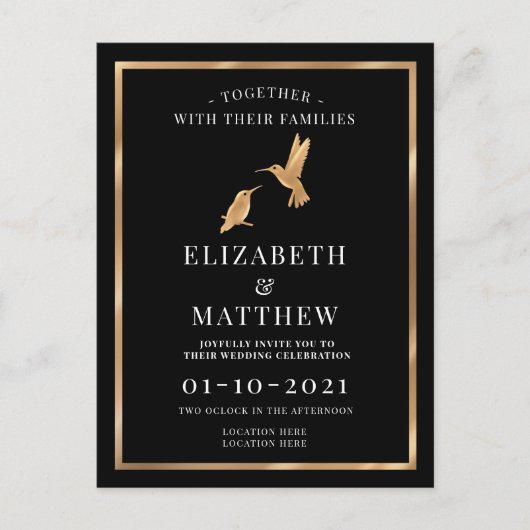 黒と金ゴールドとハミング結婚バード インビテーションポストカード (正面)