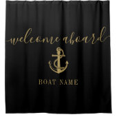 黒と金ゴールドのいかりボート名ウェルカムボード シャワーカーテン (正面)