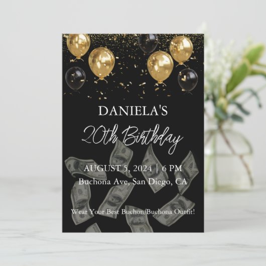 黒と金ゴールドのお金の誕生日パーティーの招待 招待状 (スタンド正面)