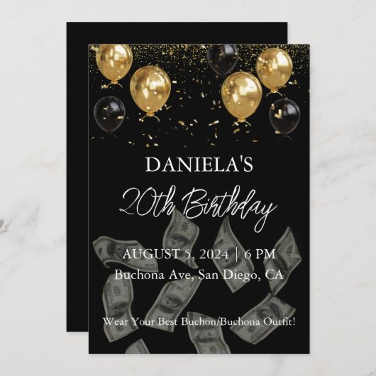 黒と金ゴールドのお金の誕生日パーティーの招待 招待状 (正面/裏面)