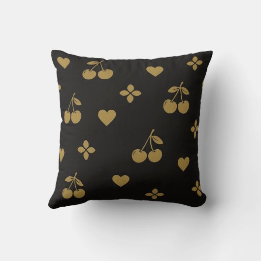 黒と金ゴールドのさくらんぼとハート装飾用クッション クッション (裏面)