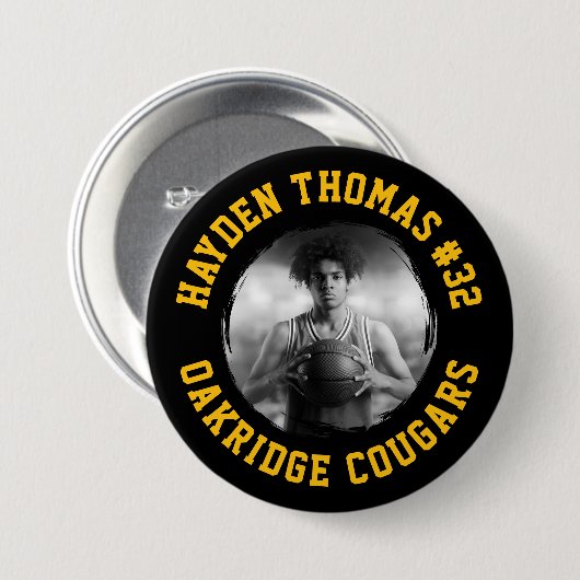 黒と金ゴールドのアスリート名ジャージー番号写真 缶バッジ (正面&裏面)