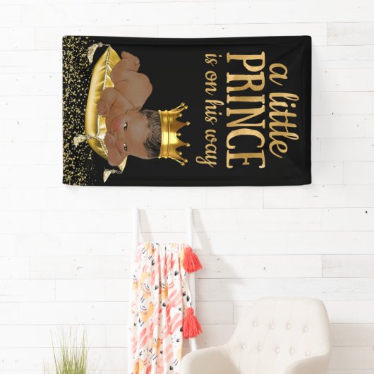 黒と金ゴールドのアフリカ系アメリカ人プリンスベビーシャワー 横断幕 (インサイチュ)
