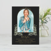 黒と金ゴールドのアーチの葉の写真卒業パーティー 招待状 (スタンド正面)