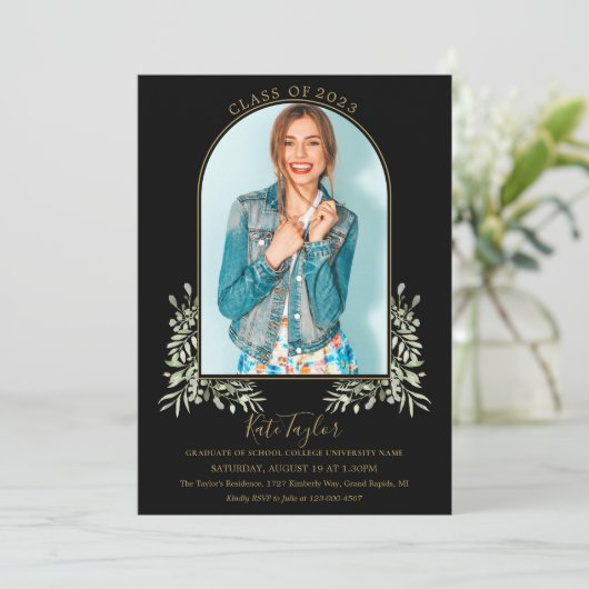 黒と金ゴールドのアーチの葉の写真卒業パーティー 招待状 (スタンド正面)