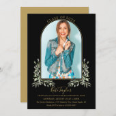 黒と金ゴールドのアーチの葉の写真卒業パーティー 招待状 (正面/裏面)