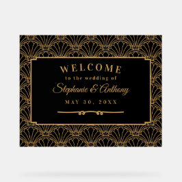 黒と金ゴールドのアールデコファン結婚の花 アクリルサイン