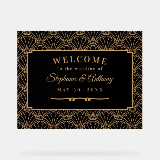 黒と金ゴールドのアールデコファン結婚の花 アクリルサイン (正面)