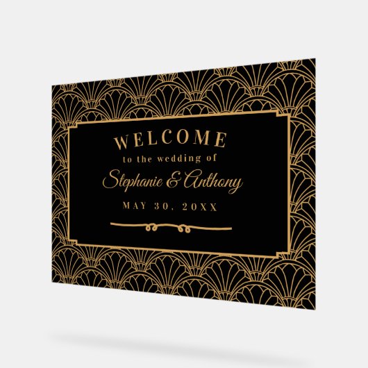 黒と金ゴールドのアールデコファン結婚の花 アクリルサイン (傾斜)