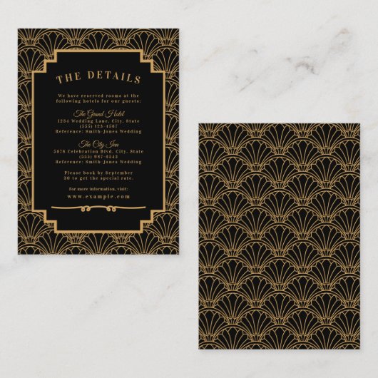 黒と金ゴールドのアールデコファン結婚の花 エンクロージャーカード (正面/裏面)