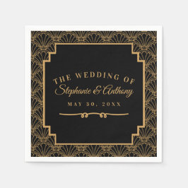 黒と金ゴールドのアールデコファン結婚の花 スタンダードカクテルナプキン